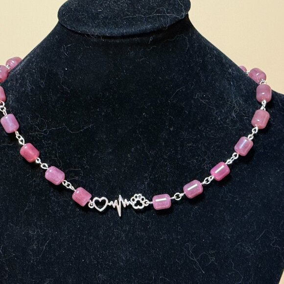 Genuine Magenta Chalcedony Short Necklace, Gemstone & Paw Print Heart Beat Charm - Picture 3 of 14
